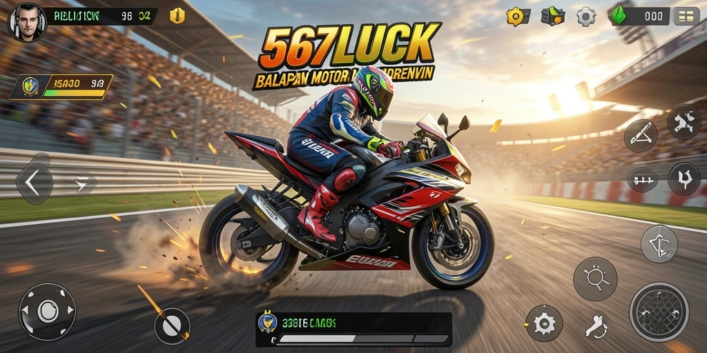 Gameplay 567LUCK menampilkan balapan motor yang seru dan mendebarkan.