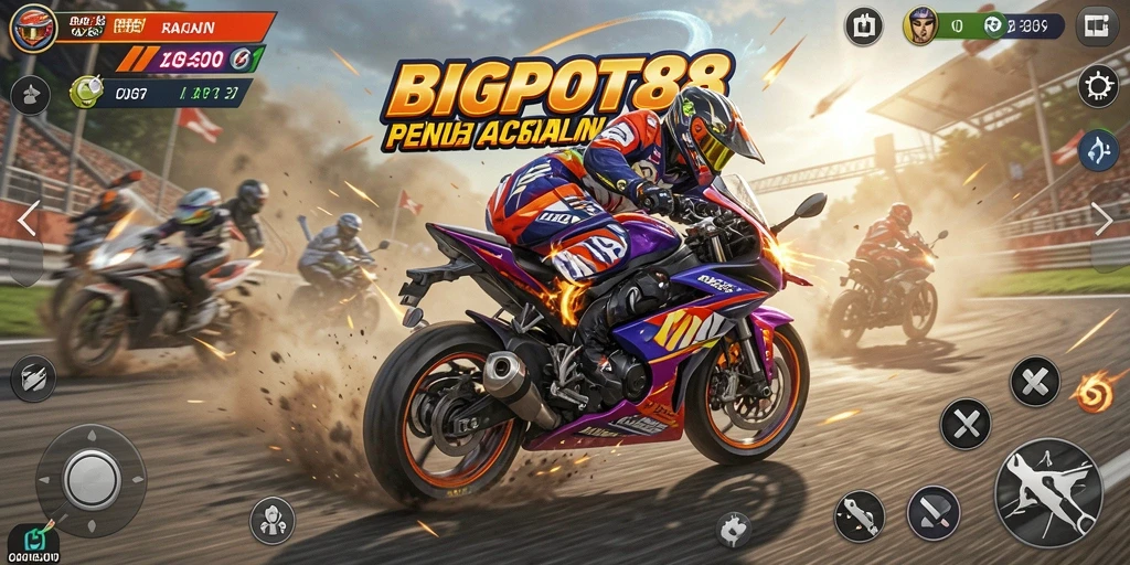 Tampilan utama gameplay BIGPOT88 dengan aksi balapan motor intens.
