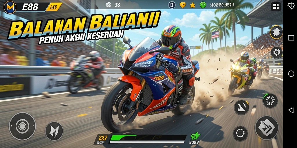 Screenshot E88 menampilkan aksi balapan motor yang seru dan grafis memukau.