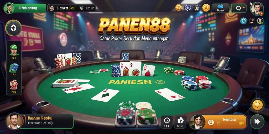 Screenshot utama PANEN88 menampilkan aksi intens permainan poker yang mendebarkan.